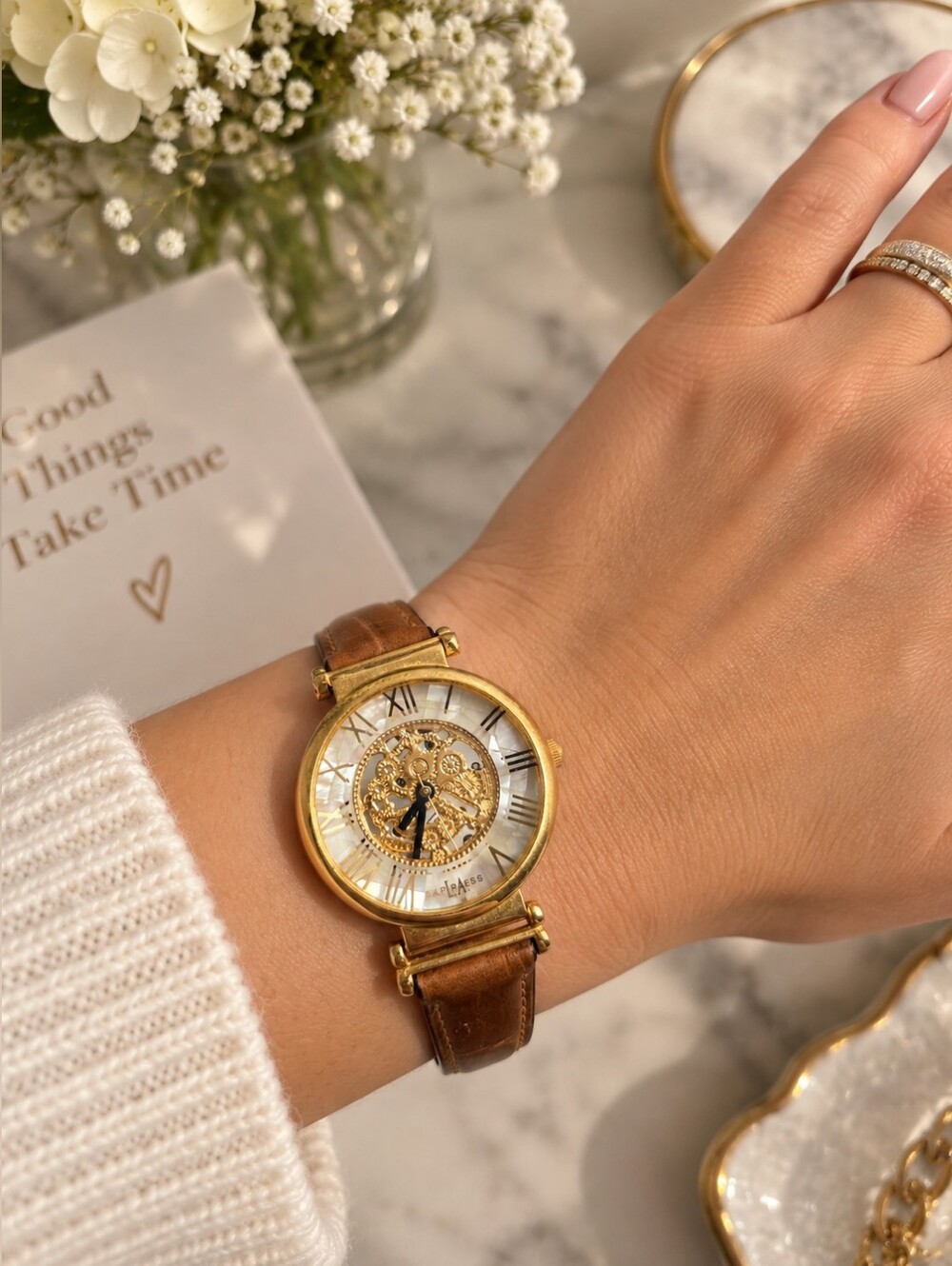 Vintage L.A. Express Skeleton Watch Gold Tone Brown Leather Roman Numeral Dial